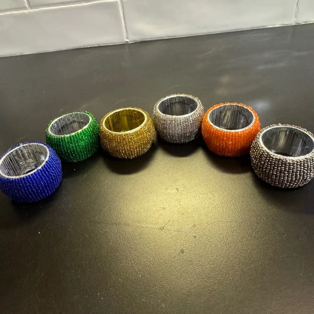 Beaded Napkin Rings Set of 6 Multicolor Jewel Tone Boho Dining Decor